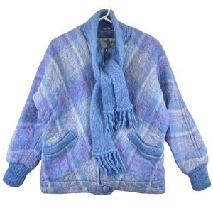Donegal Design Handwoven Mohair Wool Plaid Jacket Scarf Set Women's L Blue